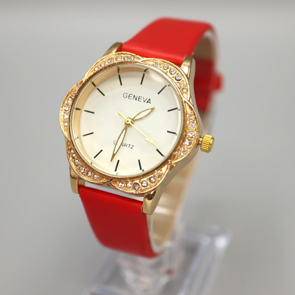 Geneva Ladies Gold Tone Flower Watch Jewel Bezel Red Faux Leather w New Battery - Picture 1 of 10